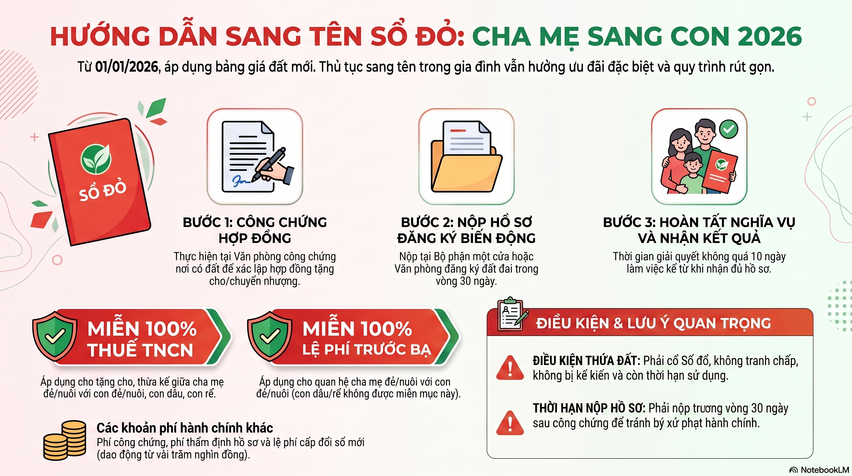 Sang tên Sổ đỏ từ cha mẹ sang con 2026: Thủ tục và chi phí mới